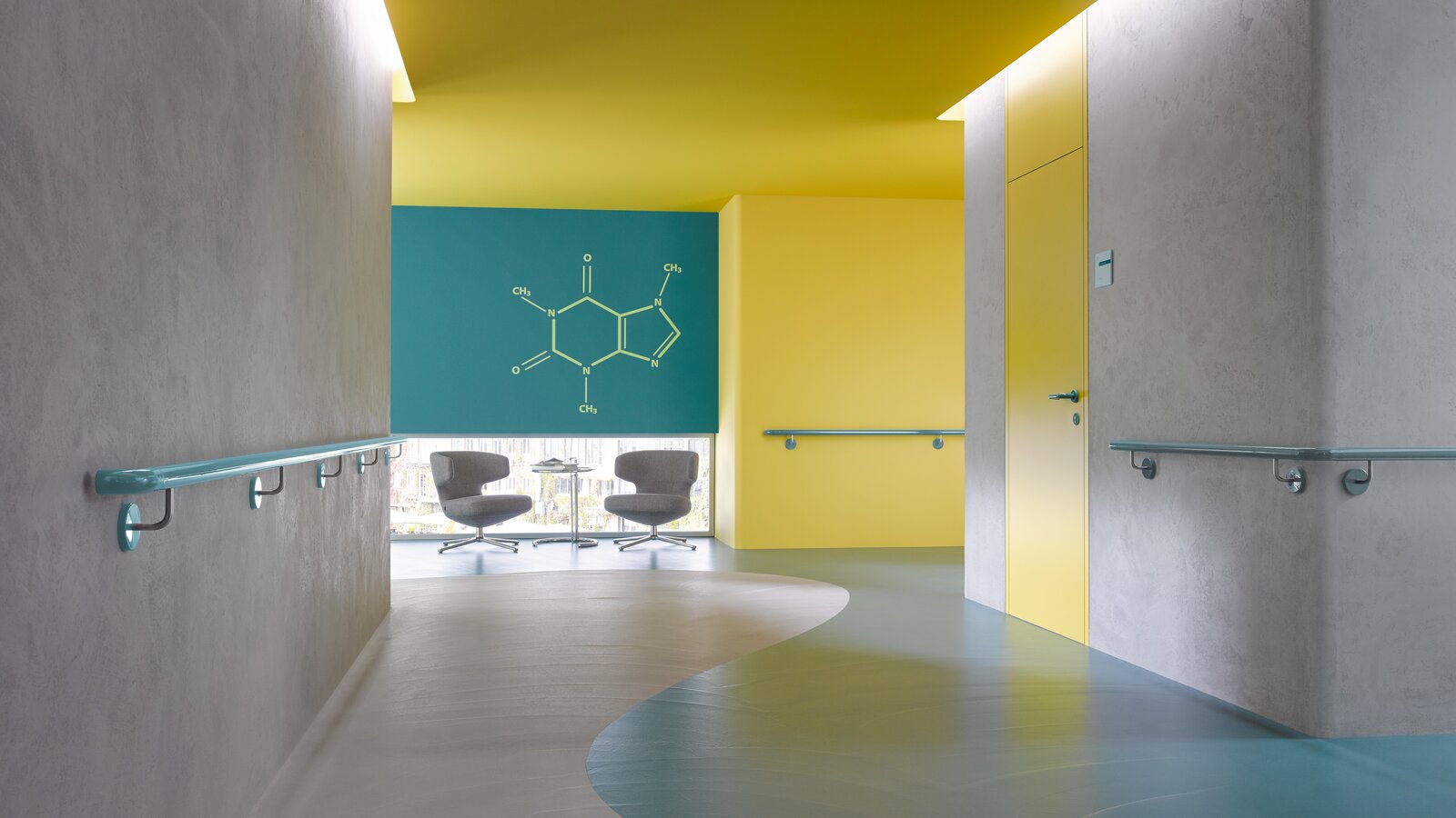 ENTRO handrail aqua blue Corridor in a care home fitted with aqua blue handrails along the walls