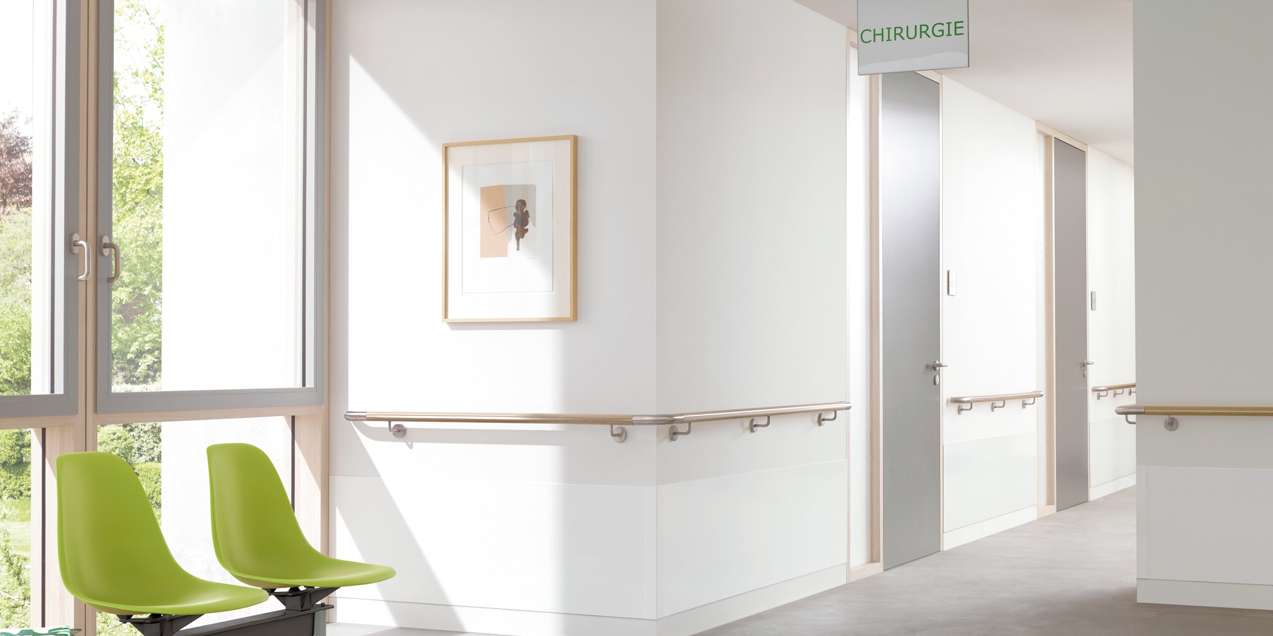 ENTRO handrail lignum protect Hospital corridor equipped with a beech handrail and impact protection at the corners