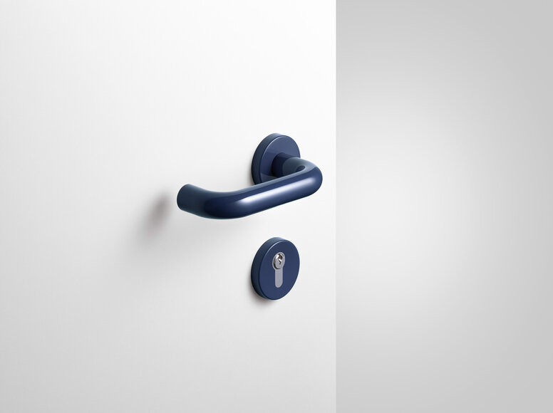 HEWI lever handle steel blue Lever handle with key rosette in the colour steel blue made of polyamide