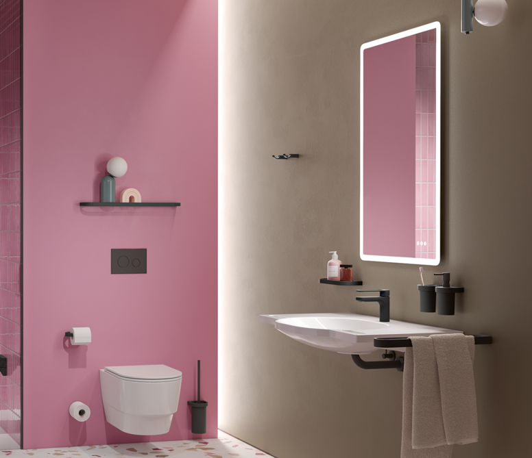 HEWI System 800 black matt Bathroom with washbasin, shower area and WC