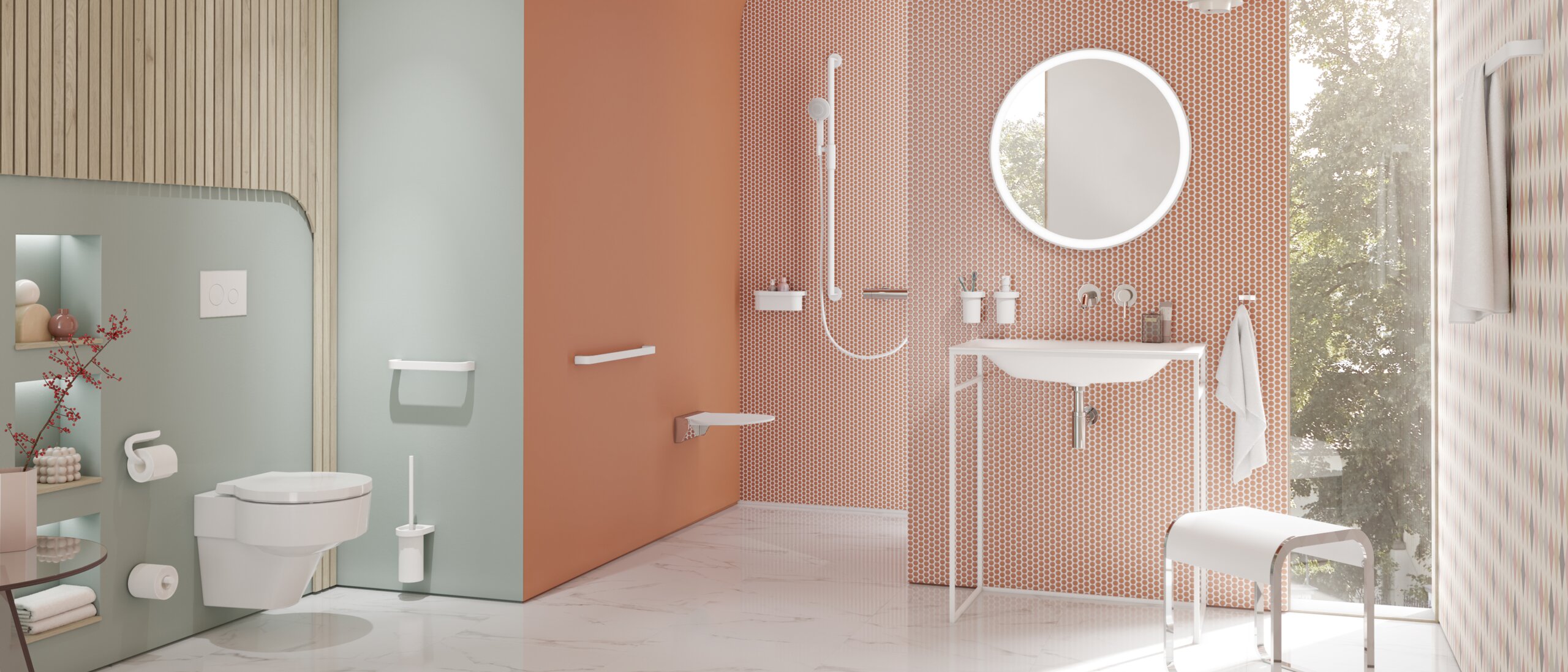 HEWI Series 800 powder-coated Modern bathroom with washbasin, shower area and WC