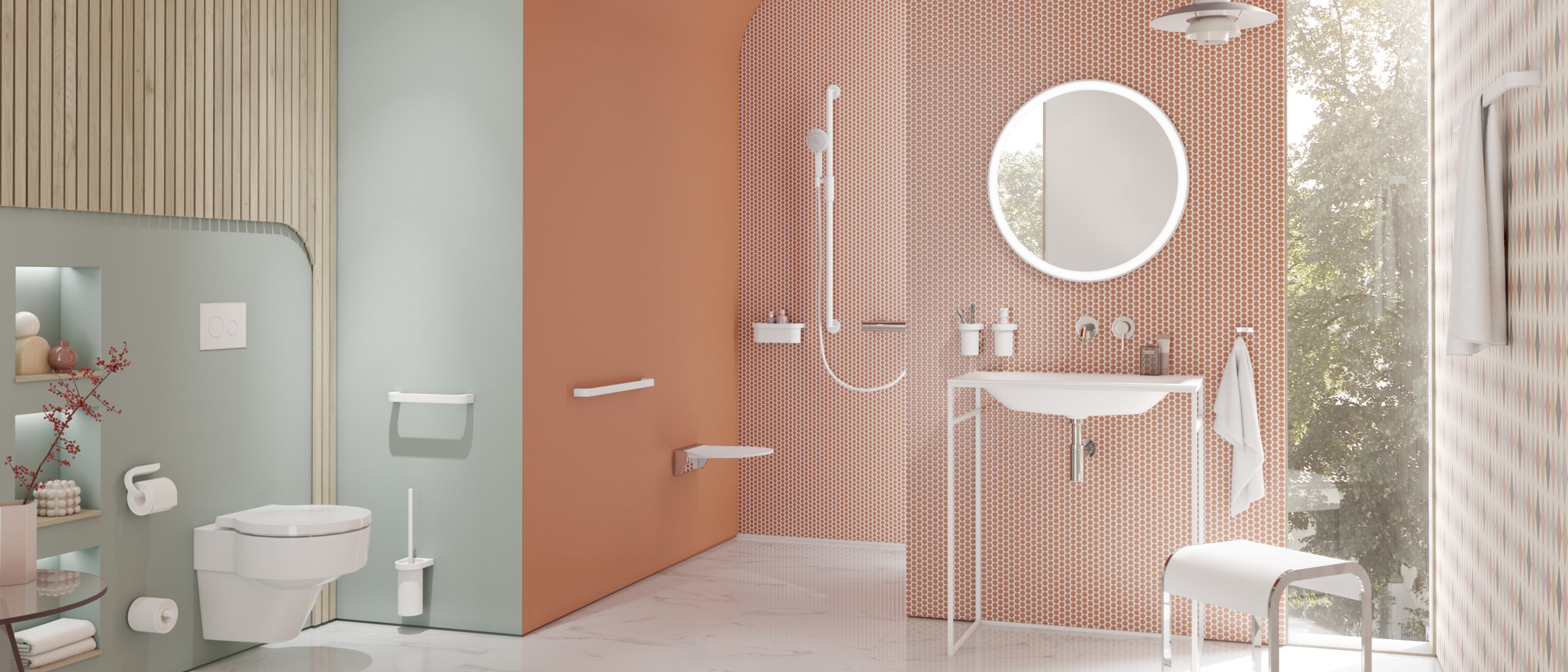 HEWI Series 800 powder-coated Modern bathroom with washbasin, shower area and WC