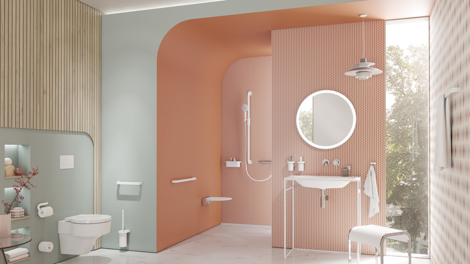 HEWI Series 800 powder-coated Modern bathroom with washbasin, shower area and WC