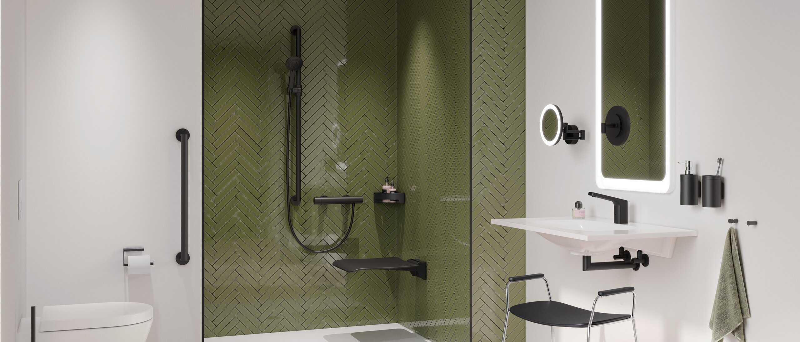 HEWI System 900 Bathroom with washbasin, shower area and WC