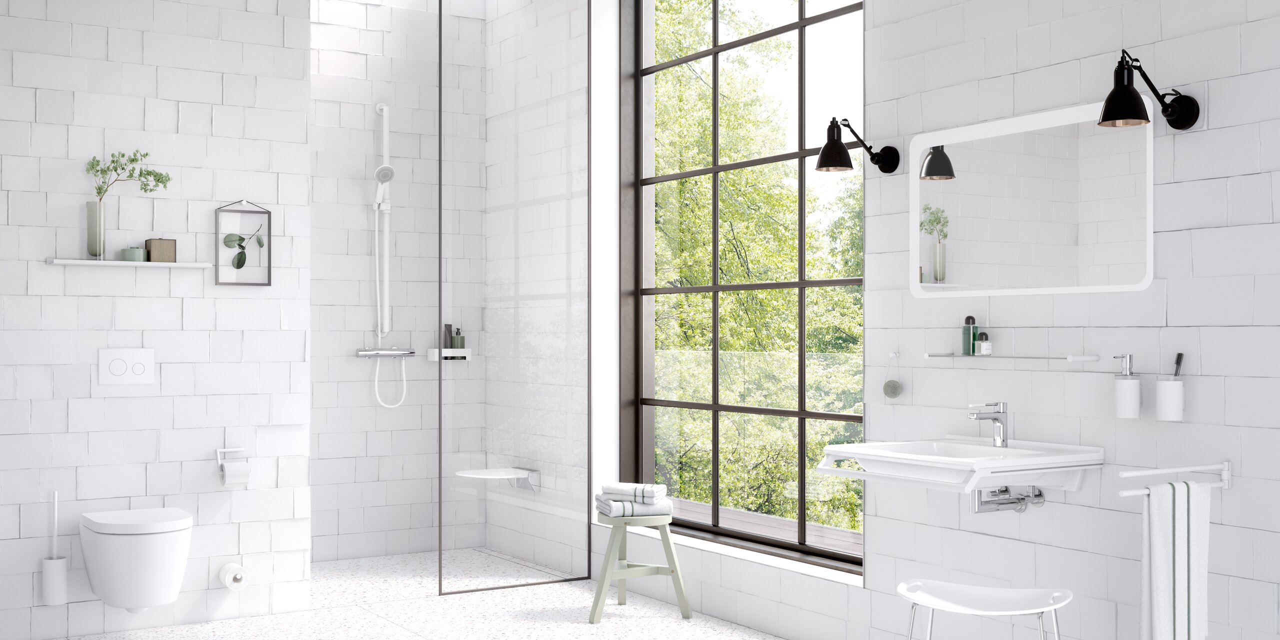 HEWI Series 162 white matt Bathroom, equipped with sanitary accessories such as towel rail, soap dispenser, toilet roll holder in the colour white matt