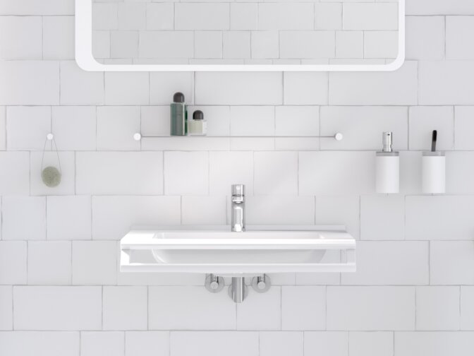 HEWI System 162 Modern washbasin situation with white matt sanitary accessories such as soap dispenser, towel rail and shelf