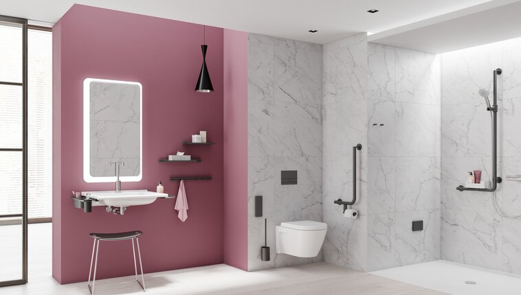 HEWI barrier-free bathroom system 900 Black matt Barrier-free bathroom with washbasin, shower area and WC fitted with accessories in matt black