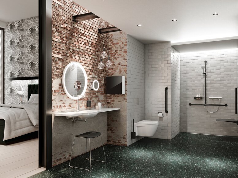 HEWI Hotel Bathroom System 900 powder-coated Barrier-free hotel bathroom with washbasin, shower area and WC System 900 powder-coated