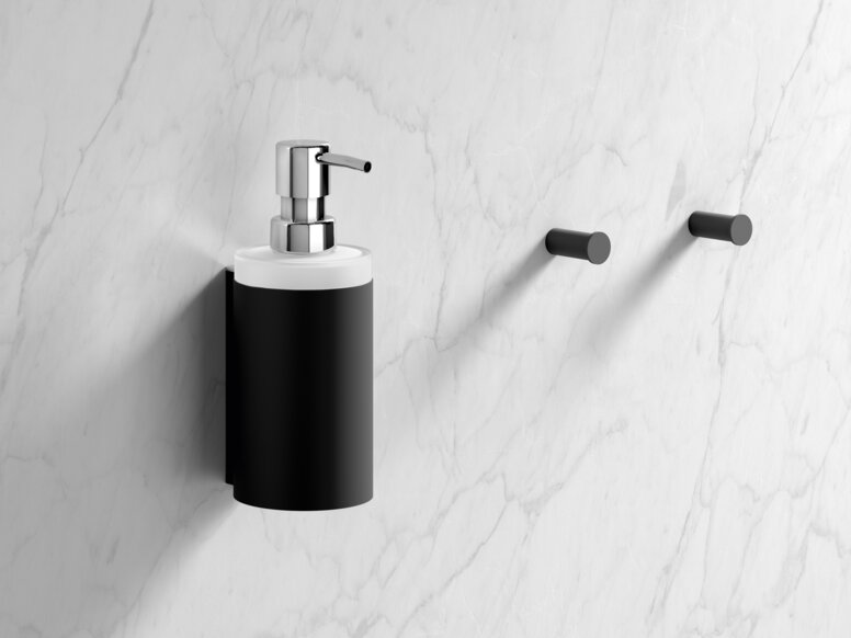 HEWI soap dispenser and towel hook Soap dispenser and towel hook in the colour black