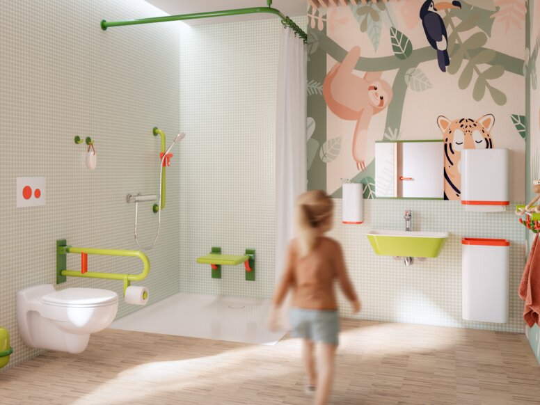 HEWI series 477/801 ICONIC Colourful and child-friendly bathroom equipped with sanitary accessories in shades of green, white and coral