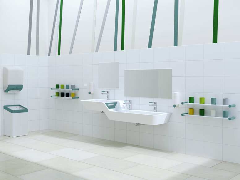 Child-friendly HEWI washbasin blue Child-friendly washbasin with blue accents, washbasin with built-in height and depth adjustment next to colourful toothbrush tumbler strips