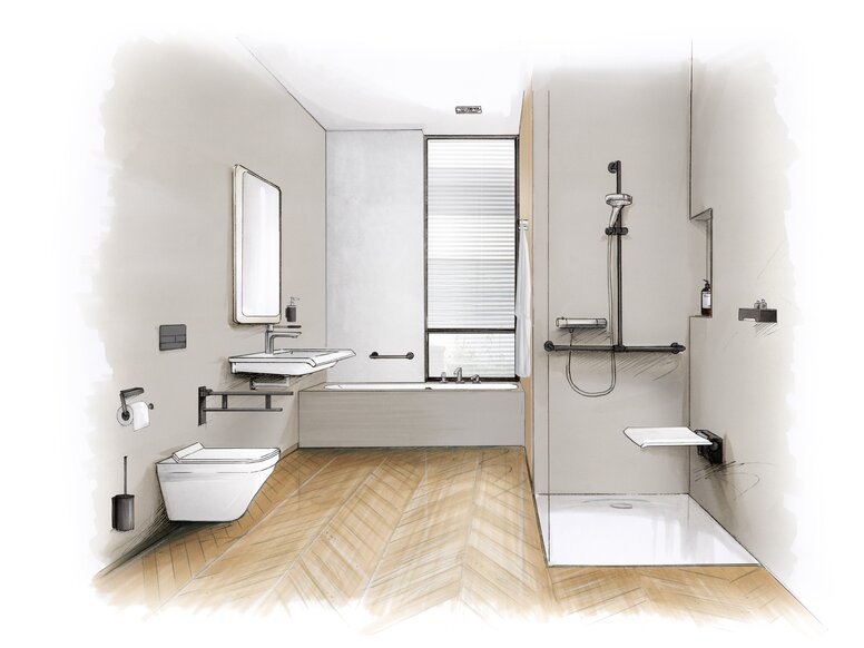 HEWI System 900 Drawing of a barrier-free bathroom with washbasin, shower area and WC