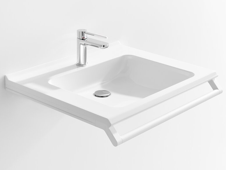 HEWI barrier-free washbasin Barrier-free washbasin with grab rail in matt white stainless steel and chrome single-lever tap with white polyamide handle element