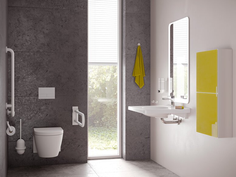 © HEWI Barrierefreies Bad Signalweiß matt  Barrier-free bathroom with washbasin and WC equipped with HEWI series 477/801 signal white matt | © HEWI Barrierefreies Bad Signalweiß matt