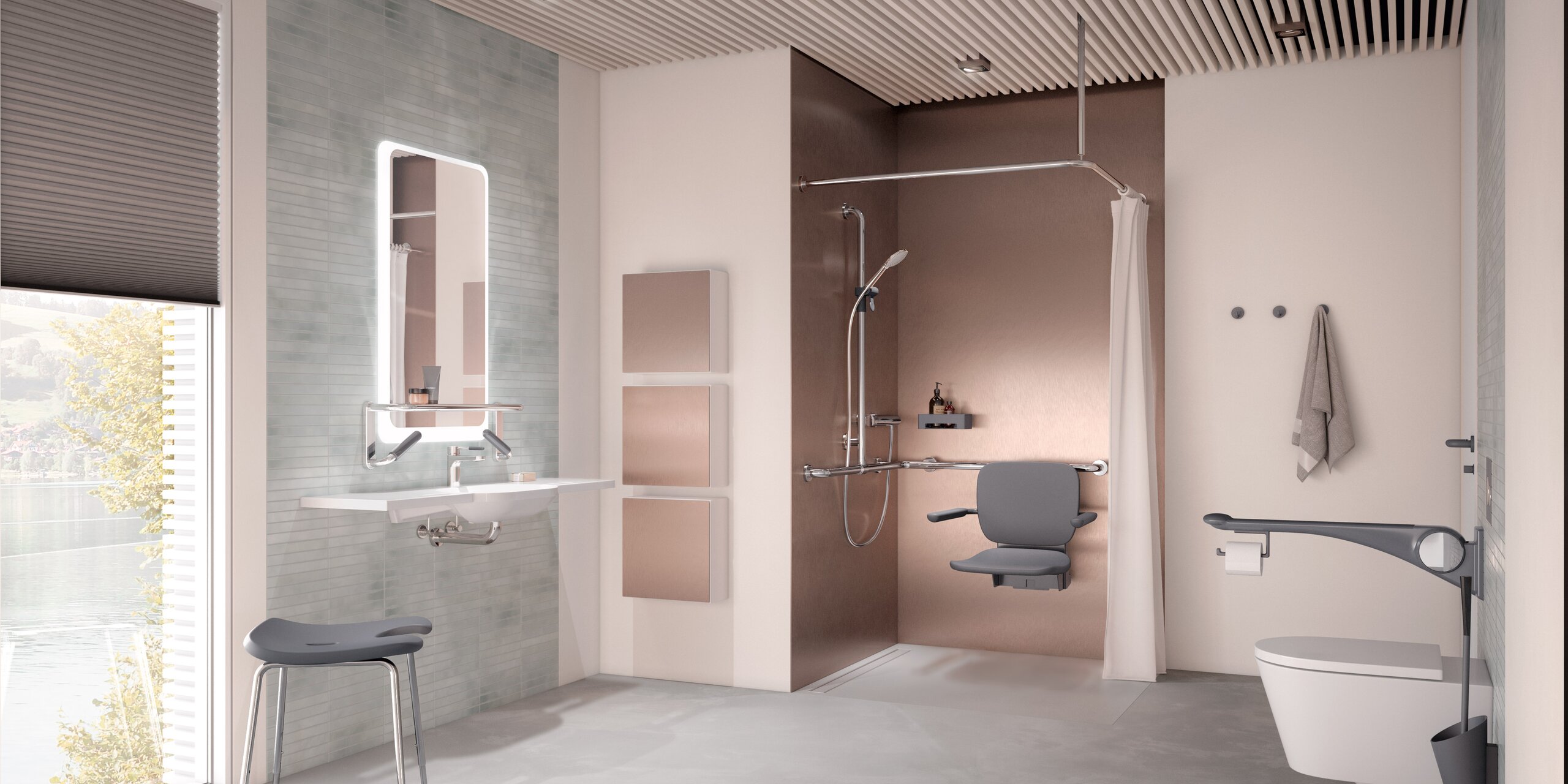Barrier-free care bathroom HEWI lift system anthracite matt Barrier-free care bathroom with washbasin, shower area and WC