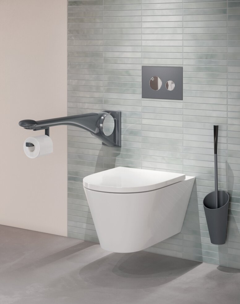 HEWI LifeSystem folding support handle anthracite matt WC equipped with folding support handle and toilet brush in the colour anthracite matt