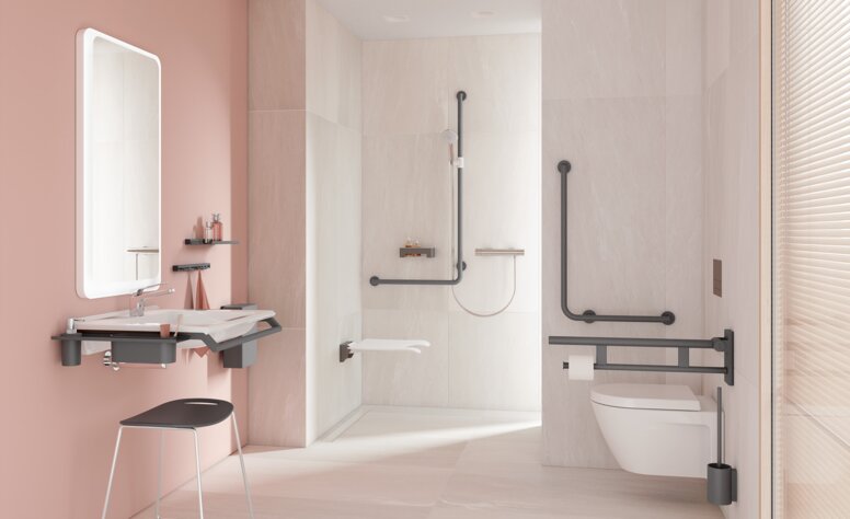 HEWI Series 900 Anthracite matt Barrier-free bathroom with washbasin, shower area and WC