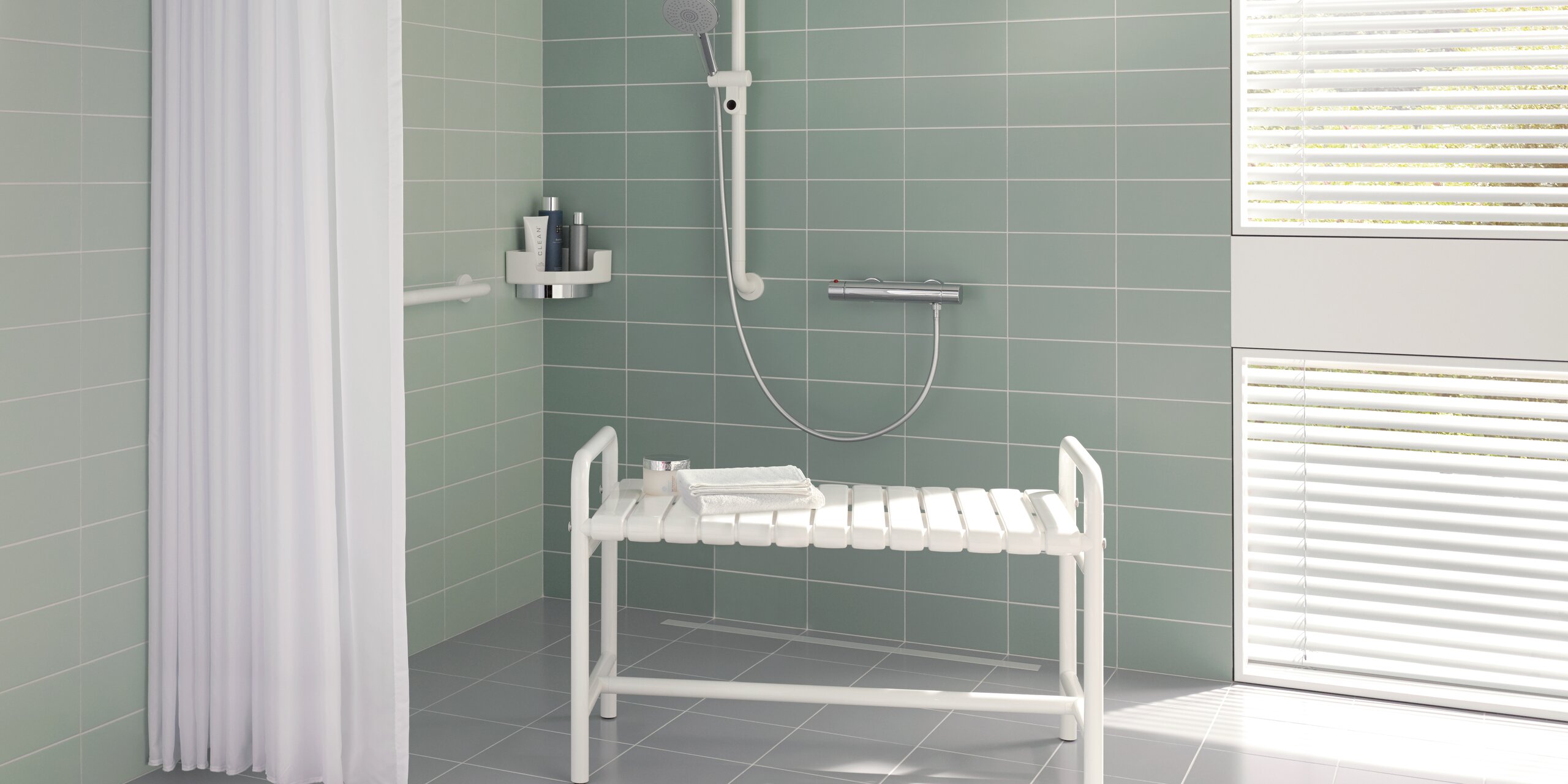 HEWI Obesity products Series 801 Obesity shower area with shower bench