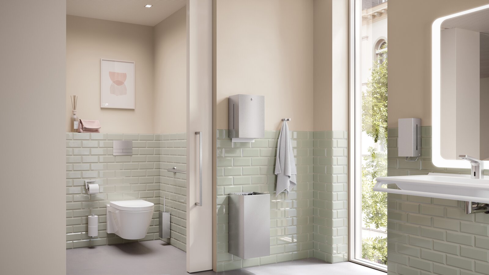 HEWI System 900 stainless steel Bathroom with washing area and WC