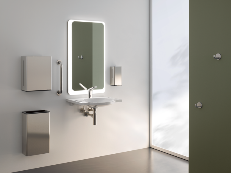 HEWI public washbasin Public washbasin equipped with touch-free tap, soap and paper towel dispenser in stainless steel