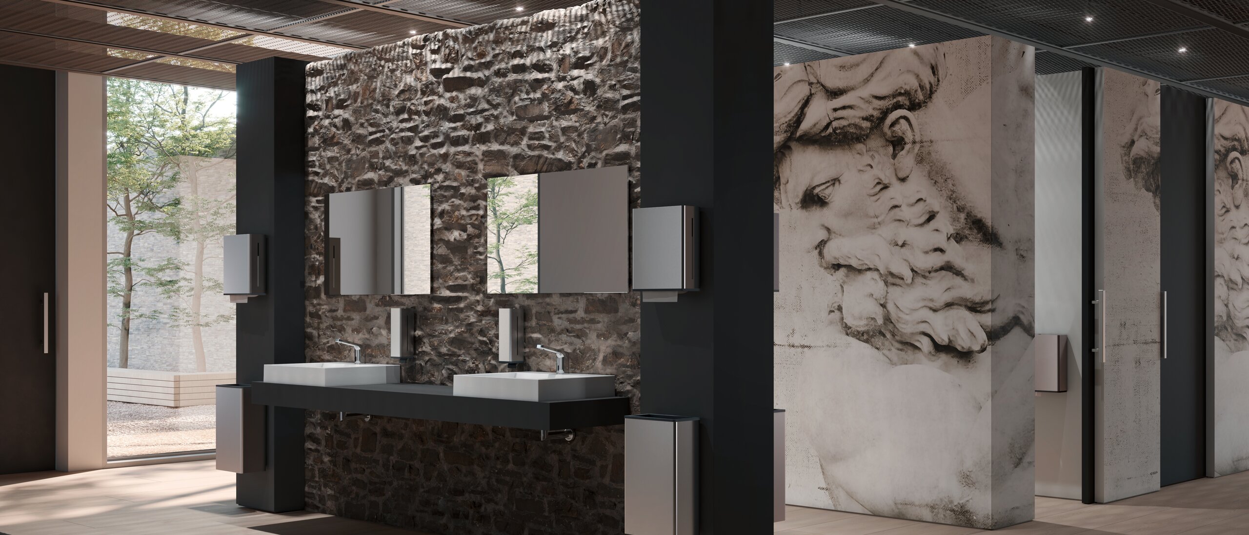 HEWI dispenser products public WC stainless steel matt Public WC equipped with HEWI soap and paper towel dispensers in matt stainless steel