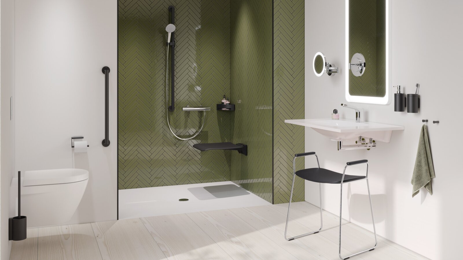 HEWI barrier-free bathroom system 900 Black matt Barrier-free bathroom with washbasin, shower area and WC