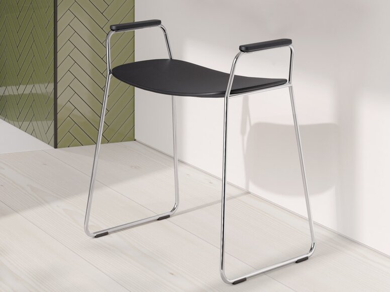 HEWI Shower stool deep black Shower stool with side support handles, seat in the colour deep black and with a chrome-plated frame