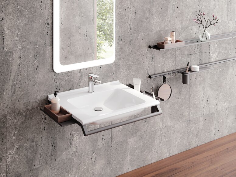 HEWI modular washbasin dark grey matt Modular washbasin with grab rail and shelves for bathroom utensils in dark grey matt stainless steel