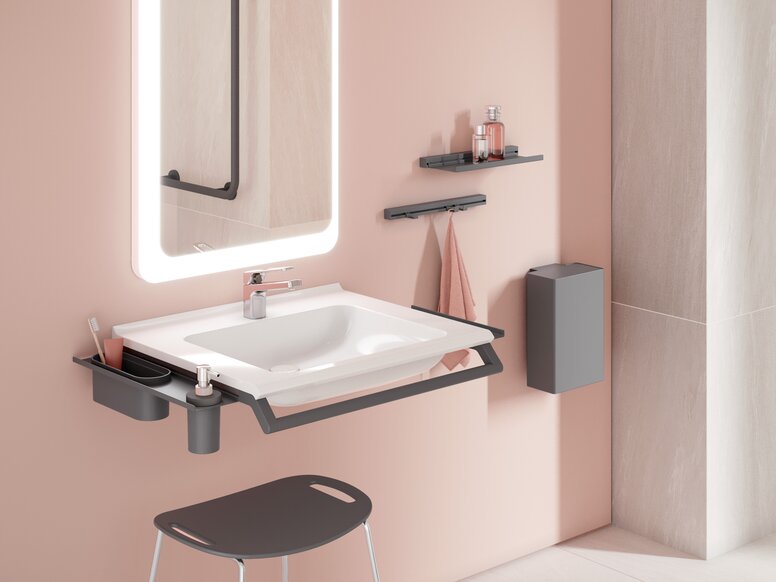 HEWI modular washbasin Modular washbasin and stool in matt anthracite